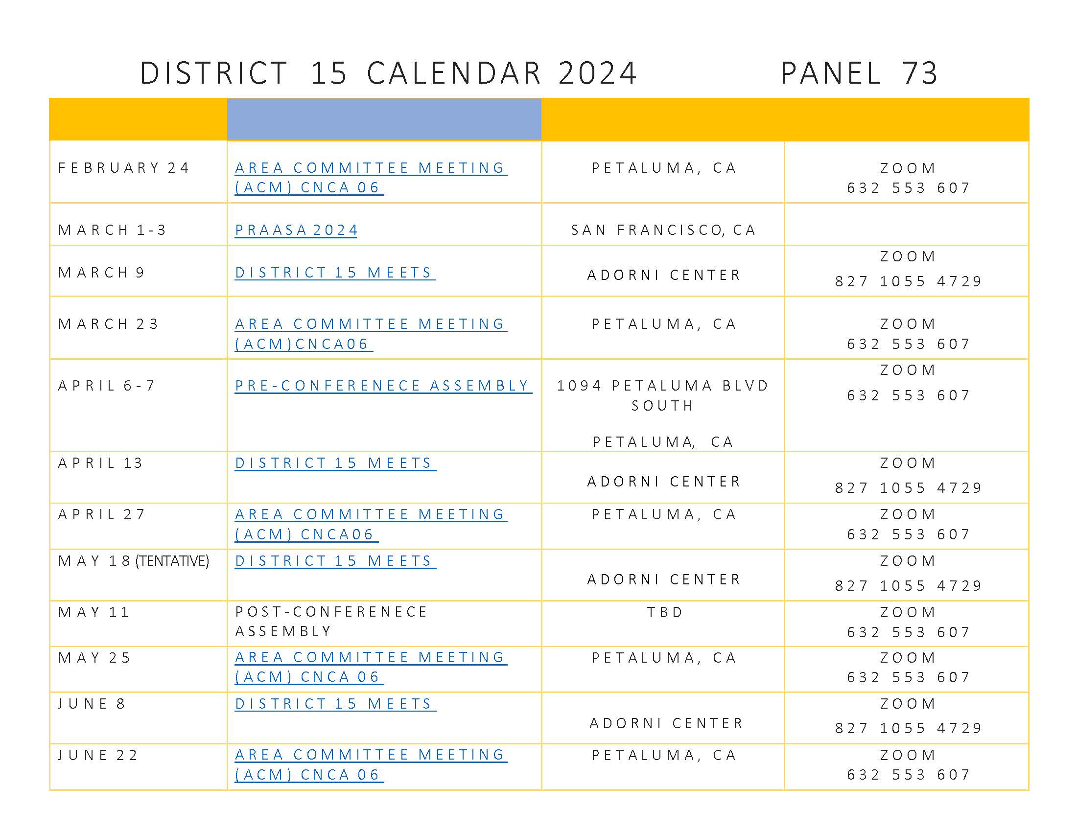 Service Calendar Panel 73 (2024)